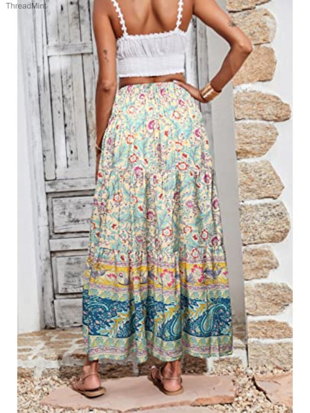 Women's Boho Floral A-Line Maxi Skirt Pleated Tiered Chiffon Long Skirt - Picture 5 of 6
